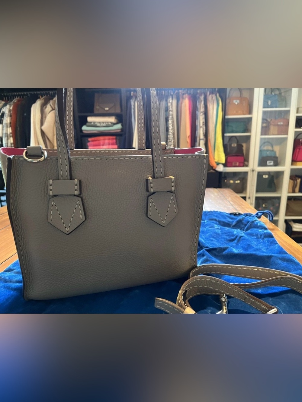 Moreau Paris bregancon pm mini tote in tortelle grey w fuchsia pink lining - EUC